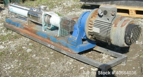 Used CSF Inox Processing Cavity Pump, Model MAN80-2/AA.T32. carbon steel body, 304 stainless steel rotor, with stator. 4 3/8" threaded inlet/outlet. Driven by a 6.3kw (8.4hp), 3/60/575 volt, 1730 rpm...