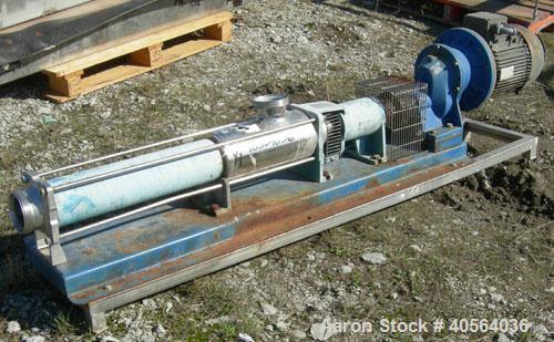 Used CSF Inox Processing Cavity Pump, Model MAN80-2/AA.T32. carbon steel body, 304 stainless steel rotor, with stator. 4 3/8" threaded inlet/outlet. Driven by a 6.3kw (8.4hp), 3/60/575 volt, 1730 rpm...