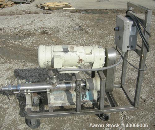 Used:  Moyno Sanitary Pump, Type SSQ, 316 Stainless Steel.  Rated 5 gallons per minute per 100 rpm.   Driven by a 1.5 hp, 17...