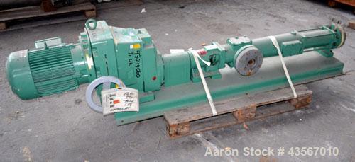 Used Netzsch Progressive Cavity Pump, Type NE60A. 4’’ Inlet, 4’’ outlet. Driven by a 10kw (13hp), 3/50/500 volt, 1465 rpm motor. Base mounted.