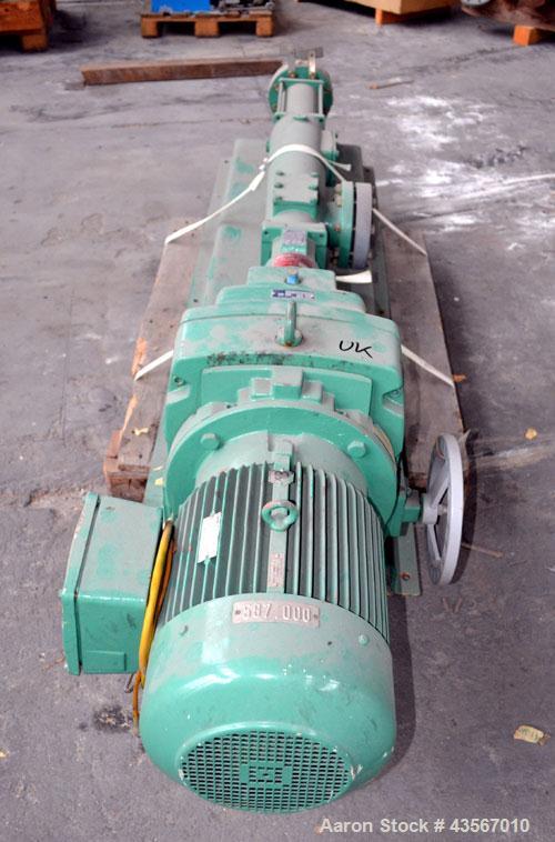 Used Netzsch Progressive Cavity Pump, Type NE60A. 4’’ Inlet, 4’’ outlet. Driven by a 10kw (13hp), 3/50/500 volt, 1465 rpm motor. Base mounted.