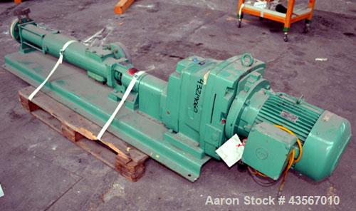 Used Netzsch Progressive Cavity Pump, Type NE60A. 4’’ Inlet, 4’’ outlet. Driven by a 10kw (13hp), 3/50/500 volt, 1465 rpm motor. Base mounted.