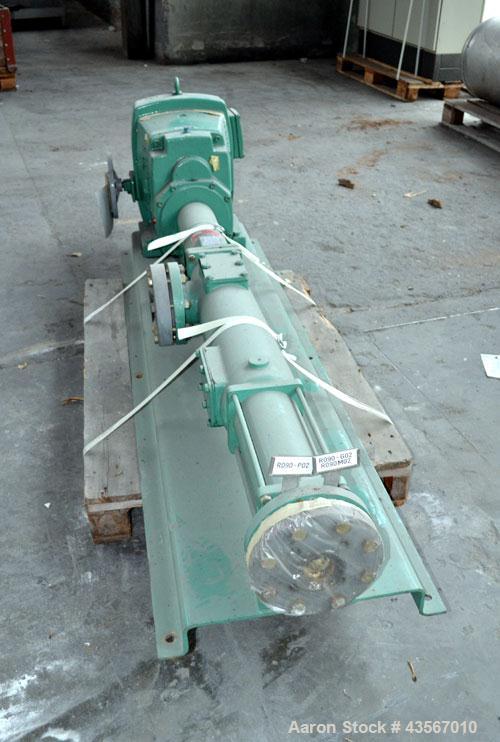 Used Netzsch Progressive Cavity Pump, Type NE60A. 4’’ Inlet, 4’’ outlet. Driven by a 10kw (13hp), 3/50/500 volt, 1465 rpm motor. Base mounted.