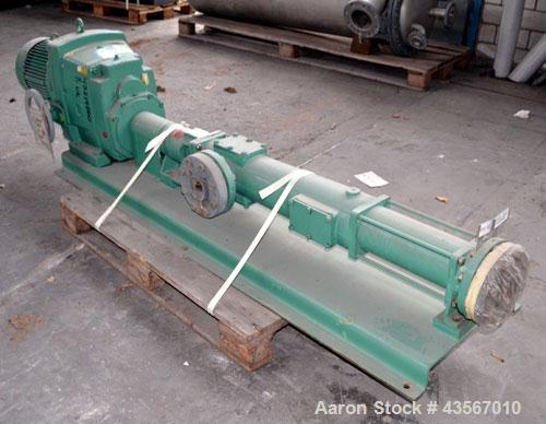 Used Netzsch Progressive Cavity Pump, Type NE60A. 4’’ Inlet, 4’’ outlet. Driven by a 10kw (13hp), 3/50/500 volt, 1465 rpm motor. Base mounted.