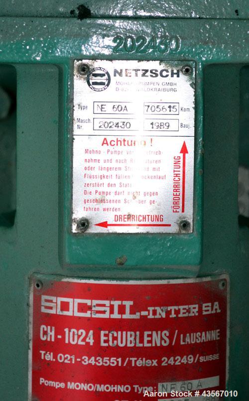Used Netzsch Progressive Cavity Pump, Type NE60A. 4’’ Inlet, 4’’ outlet. Driven by a 10kw (13hp), 3/50/500 volt, 1465 rpm motor. Base mounted.