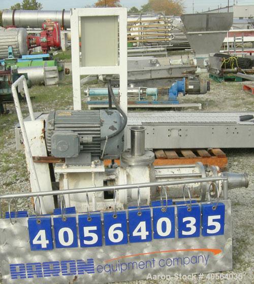 Used Del Monte Processing Cavity Pump, Model M85. Carbon steel body, stainless steel rotor, with stator. 3" inlet/outlet. Approximate capacity 42 gallons per minute. Driven by a 5.5kw (7.3hp), 3/60/5...