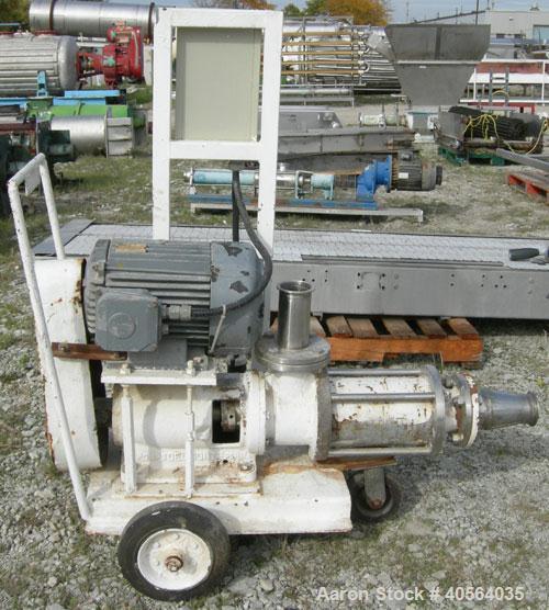 Used Del Monte Processing Cavity Pump, Model M85. Carbon steel body, stainless steel rotor, with stator. 3" inlet/outlet. Approximate capacity 42 gallons per minute. Driven by a 5.5kw (7.3hp), 3/60/5...