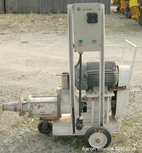Used Del Monte Processing Cavity Pump, Model M85. Carbon steel body, stainless steel rotor, with stator. 3" inlet/outlet. Approximate capacity 42 gallons per minute. Driven by a 5.5kw (7.3hp), 3/60/5...