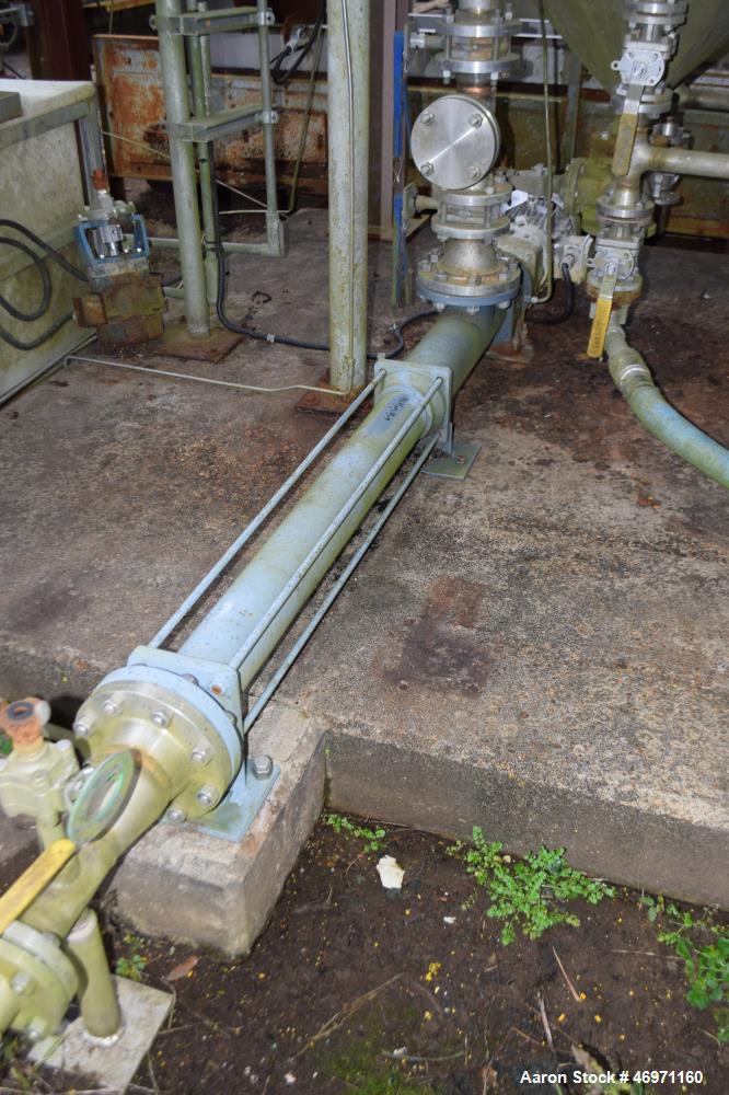 Used PCM Progressive Cavity Pump, Type R 20-16, Rated up to 40 gallons per minute at 110 psi. Driven by a 7.5hp, 3/60/230/460 volt, 1765 rpm gear motor, ratio 6.86 to 1. Serial# 262812, built 2007.