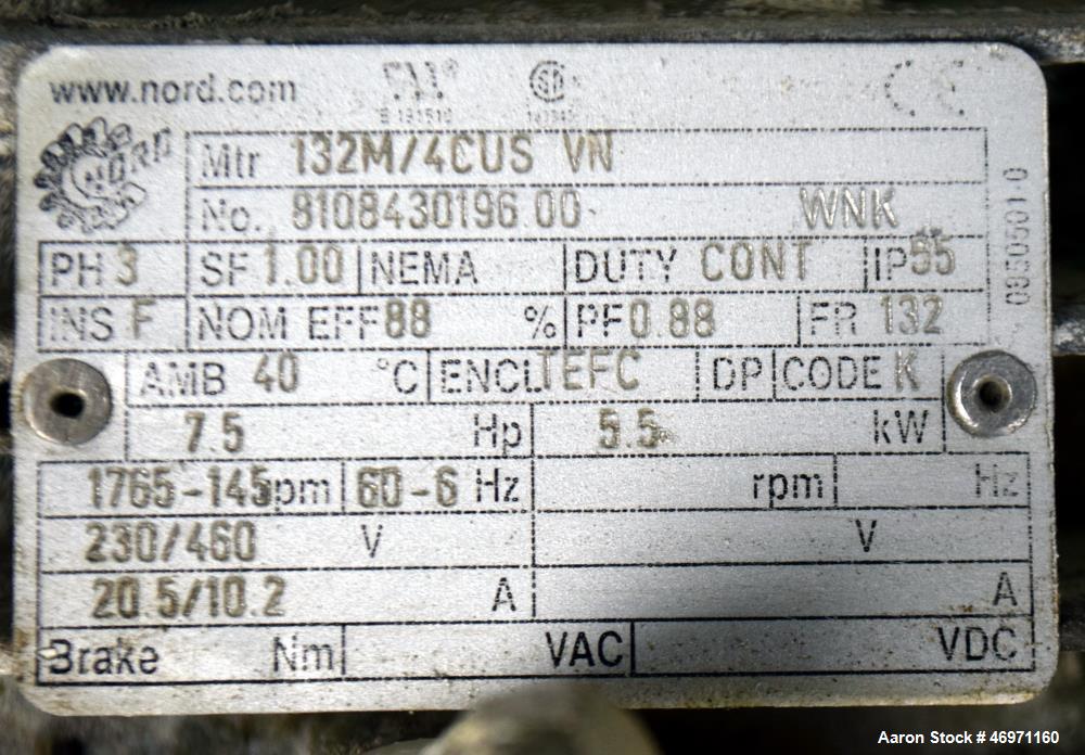 Used PCM Progressive Cavity Pump, Type R 20-16, Rated up to 40 gallons per minute at 110 psi. Driven by a 7.5hp, 3/60/230/460 volt, 1765 rpm gear motor, ratio 6.86 to 1. Serial# 262812, built 2007.