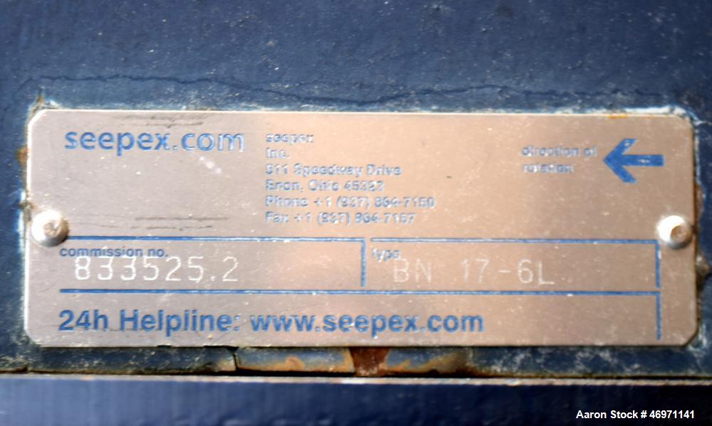 Unused- Seepex Progressive Cavity Pump, Model BN 17-6L. Driven by a 3hp, 460 volt, 1755 rpm gear motor, ratio 6.86 to 1. Serial# 833525.2.