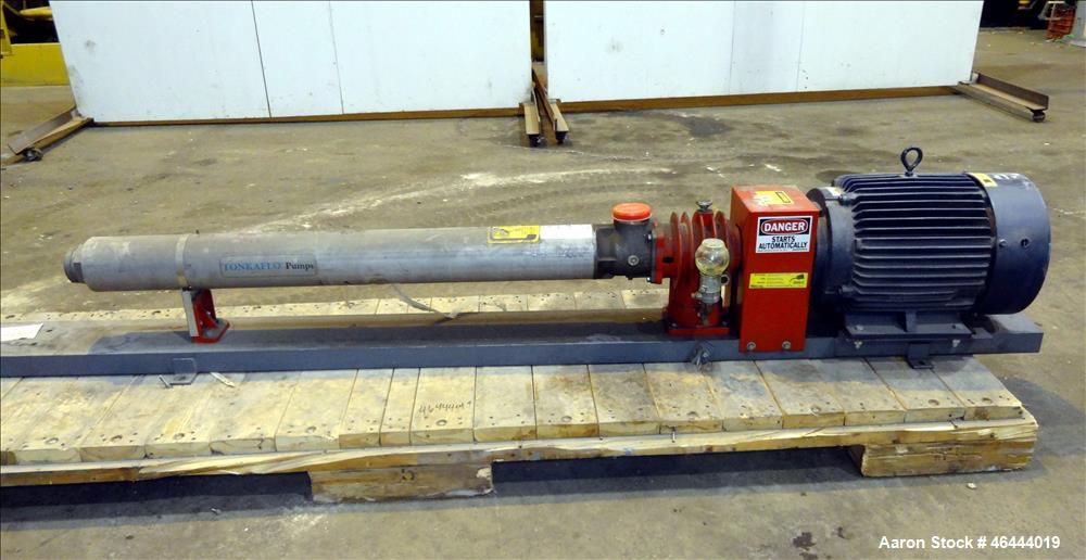 Used Osmonics Tonkaflo Pump, Model SS5522E, 316 Stainless Steel. Flow rate 55 gallons per minute, boost rate 486 psi. Maximum inlet pressure 200 psi, maximum discharge pressure 750 psi, maximum liqui...