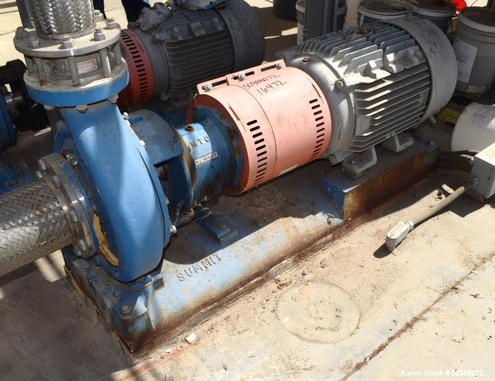 Used Summit Centrifugal Pump, Model 2196MTO, Size 4X6-13, Stainless Steel. Rated 150 psi. 6” Inlet, 4” outlet. Driven by a 40hp, 3/60/230/460 volt, 1780 rpm motor. Base mounted. Serial# 01113125.
