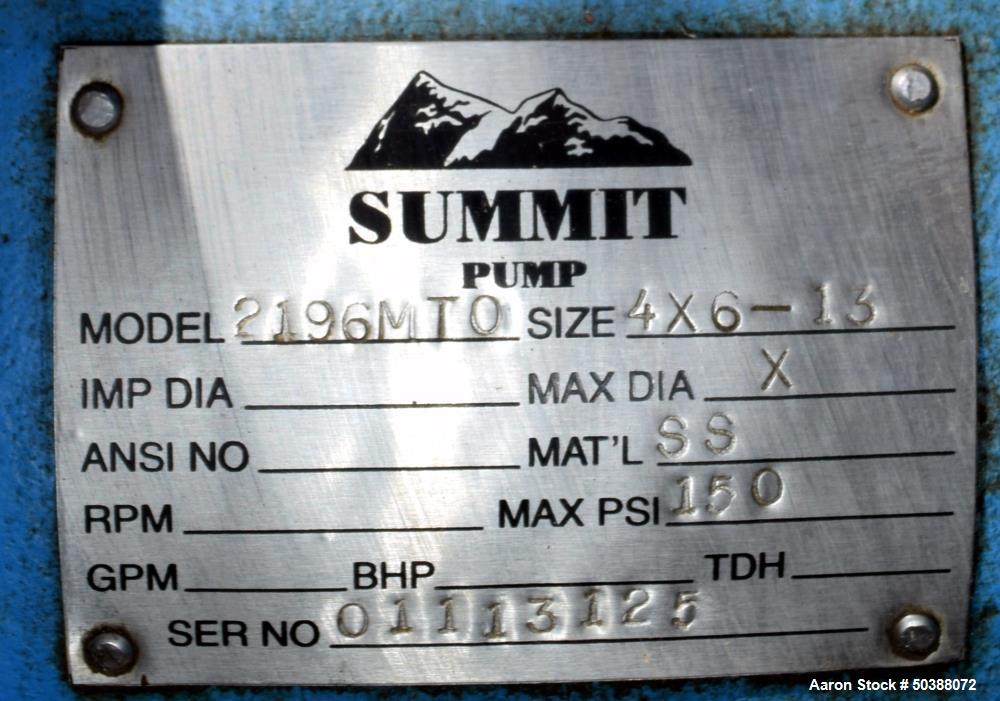 Used Summit Centrifugal Pump, Model 2196MTO, Size 4X6-13, Stainless Steel. Rated 150 psi. 6” Inlet, 4” outlet. Driven by a 40hp, 3/60/230/460 volt, 1780 rpm motor. Base mounted. Serial# 01113125.