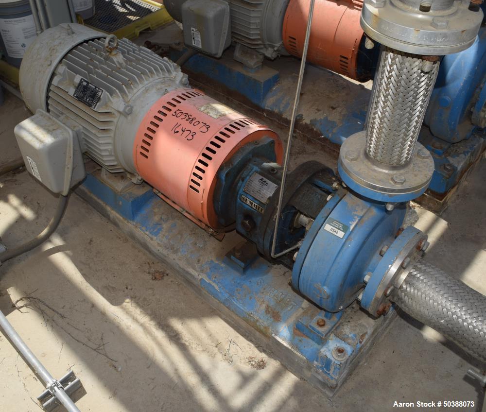 Used Summit Centrifugal Pump, Model 2196MTO, Size 4X6-10, Stainless Steel. Rated 150 psi. 6” Inlet, 4” outlet. Driven by a 25hp, 3/60/230/460 volt, 3525 rpm motor. Base mounted. Serial# 01113122.