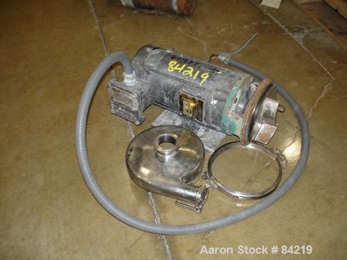 USED: Centrifugal pump, 316 stainless steel. 2" tri clamp inlet, 1-1/2" tri clamp outlet. Driven by a 3/4 hp, 3/60/230/460 volt, 1725 rpm XP motor. Base mounted.