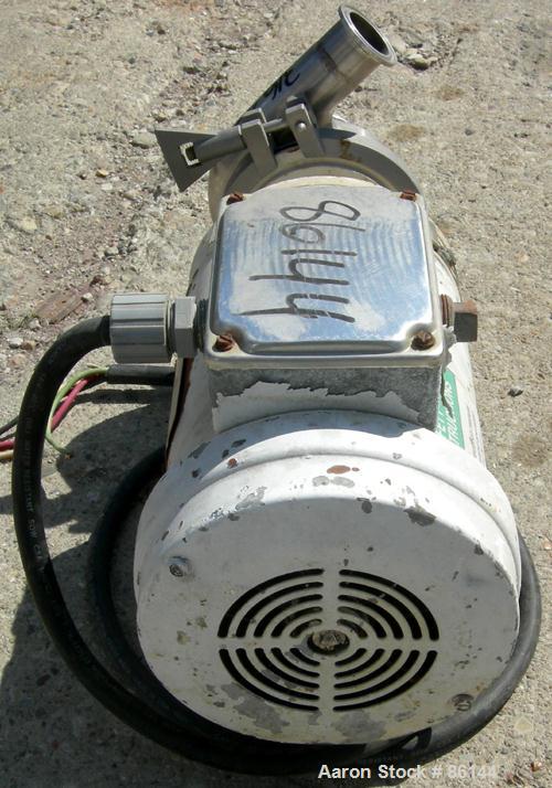USED: APV Centrifugal Pump, model 4V2, 316 stainless steel. 2" tri clamp inlet, 1-1/2" tri clamp outlet. Approximate capacity 77 gallons per minute at 18' head. Driven by a 1-1/2 hp, 3/60/230/460 vol...