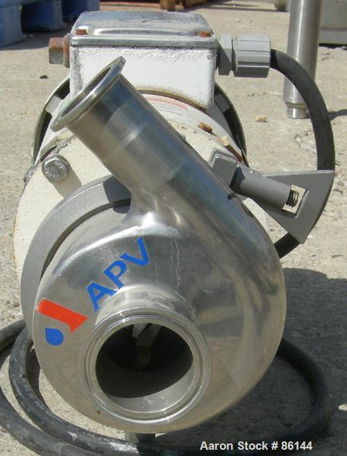 USED: APV Centrifugal Pump, model 4V2, 316 stainless steel. 2" tri clamp inlet, 1-1/2" tri clamp outlet. Approximate capacity 77 gallons per minute at 18' head. Driven by a 1-1/2 hp, 3/60/230/460 vol...