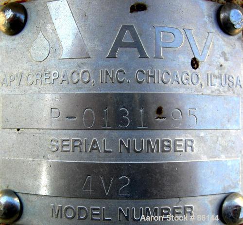 USED: APV Centrifugal Pump, model 4V2, 316 stainless steel. 2" tri clamp inlet, 1-1/2" tri clamp outlet. Approximate capacity 77 gallons per minute at 18' head. Driven by a 1-1/2 hp, 3/60/230/460 vol...