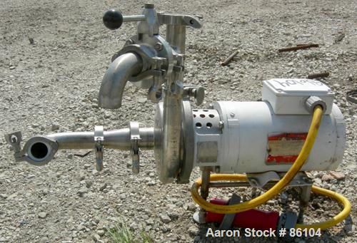 USED: APV centrifugal pump, model 6V2, 316 stainless steel. 2" tri clamp inlet, 1-1/2" tri clamp outlet. Approximate capacity 85 gallons per minute at 33' head. Driven by a 1-1/2 hp, 3/60/230/460 vol...