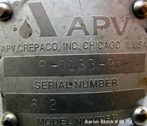 USED: APV centrifugal pump, model 6V2, 316 stainless steel. 2" tri clamp inlet, 1-1/2" tri clamp outlet. Approximate capacity 85 gallons per minute at 33' head. Driven by a 1-1/2 hp, 3/60/230/460 vol...