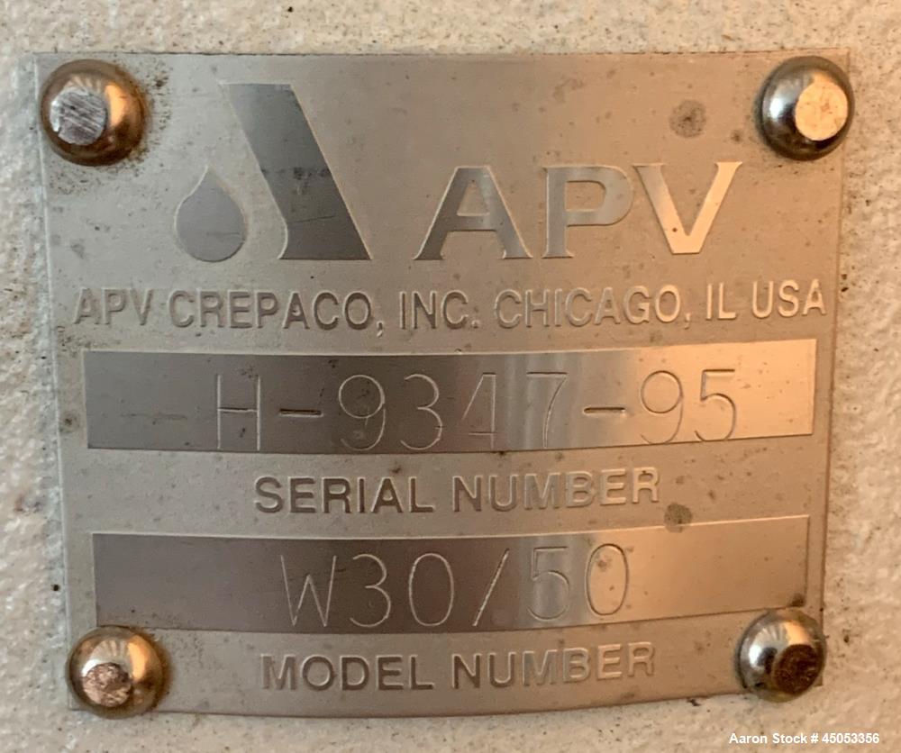 Unused- APV Model W 30/50 Centrifugal Pump, Stainless Steel. Approximate 280 gallons per minute, 130 head feet @ 3500 rpm. Approximate 3" inlet, 2-1/2" outlet. Approximate 6.3" diameter impellar. Dri...