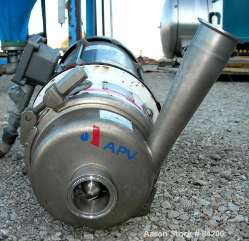 Used APV Centrifugal Pump, Model W20/20, 316 Stainless Steel. 2" Tri-clamp inlet, 2" tri-clamp outlet. Approximate capacity 102 gallons per minute at 97' head. Direct driven by a 5 hp, 3/60/208-230/4...