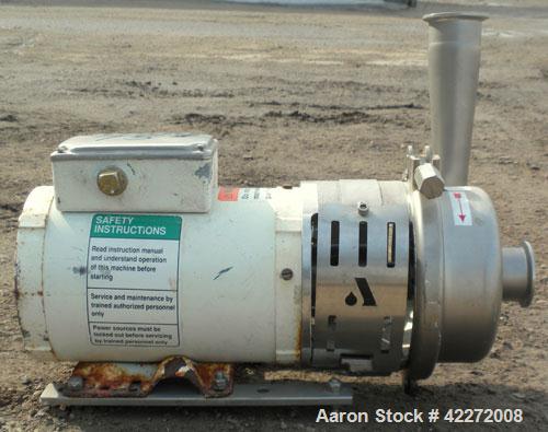 Used APV Centrifugal Pump, model W+22/20, 316 stainless steel. Approximate capacity 100 gallons per minute at 20' head. 2" tri-clamp inlet/outlet. Approximate 5-1/2" diameter impeller. Driven by a 1 ...
