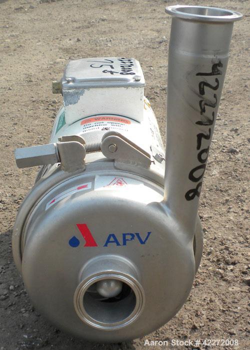 Used APV Centrifugal Pump, model W+22/20, 316 stainless steel. Approximate capacity 100 gallons per minute at 20' head. 2" tri-clamp inlet/outlet. Approximate 5-1/2" diameter impeller. Driven by a 1 ...