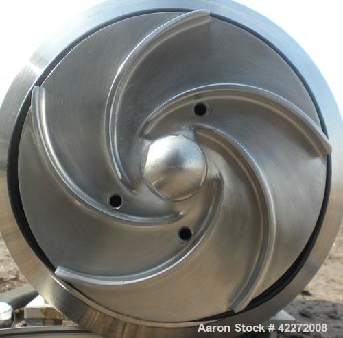 Used APV Centrifugal Pump, model W+22/20, 316 stainless steel. Approximate capacity 100 gallons per minute at 20' head. 2" tri-clamp inlet/outlet. Approximate 5-1/2" diameter impeller. Driven by a 1 ...