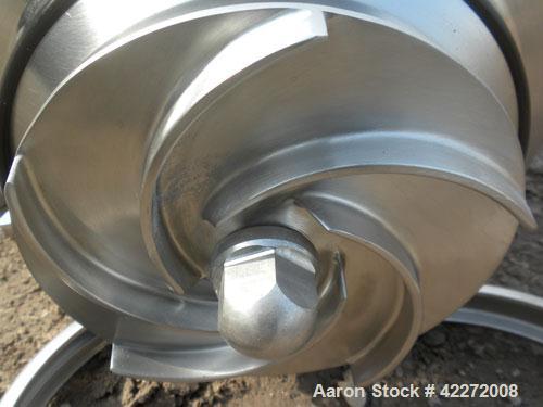 Used APV Centrifugal Pump, model W+22/20, 316 stainless steel. Approximate capacity 100 gallons per minute at 20' head. 2" tri-clamp inlet/outlet. Approximate 5-1/2" diameter impeller. Driven by a 1 ...