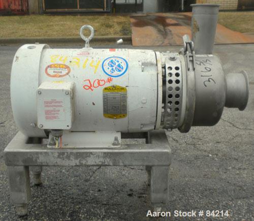 Used APV Centrifugal Pump, Model W25/75, 316 Stainless Steel. 4" Tri-clamp inlet, 3" tri-clamp outlet, 4-1/2" diameter impeller. Approximate capacity 160 gallons per minute at 112' head. Driven by a ...