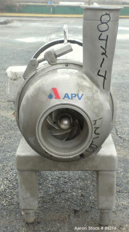 Used APV Centrifugal Pump, Model W25/75, 316 Stainless Steel. 4" Tri-clamp inlet, 3" tri-clamp outlet, 4-1/2" diameter impeller. Approximate capacity 160 gallons per minute at 112' head. Driven by a ...
