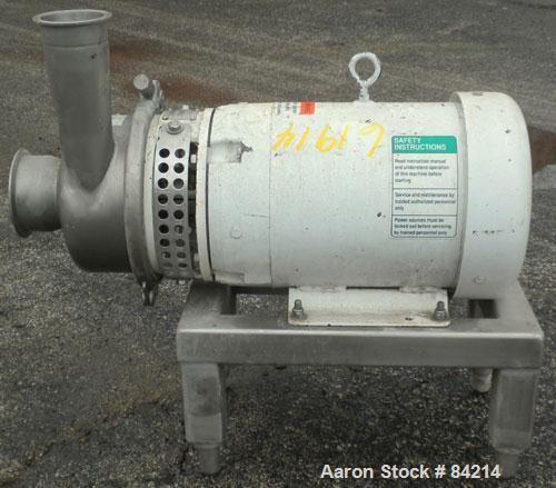 Used APV Centrifugal Pump, Model W25/75, 316 Stainless Steel. 4" Tri-clamp inlet, 3" tri-clamp outlet, 4-1/2" diameter impeller. Approximate capacity 160 gallons per minute at 112' head. Driven by a ...
