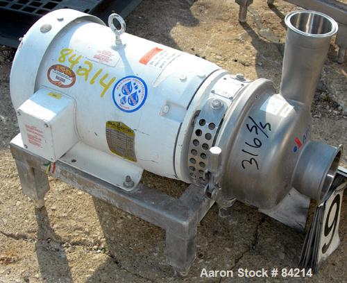 Used APV Centrifugal Pump, Model W25/75, 316 Stainless Steel. 4" Tri-clamp inlet, 3" tri-clamp outlet, 4-1/2" diameter impeller. Approximate capacity 160 gallons per minute at 112' head. Driven by a ...
