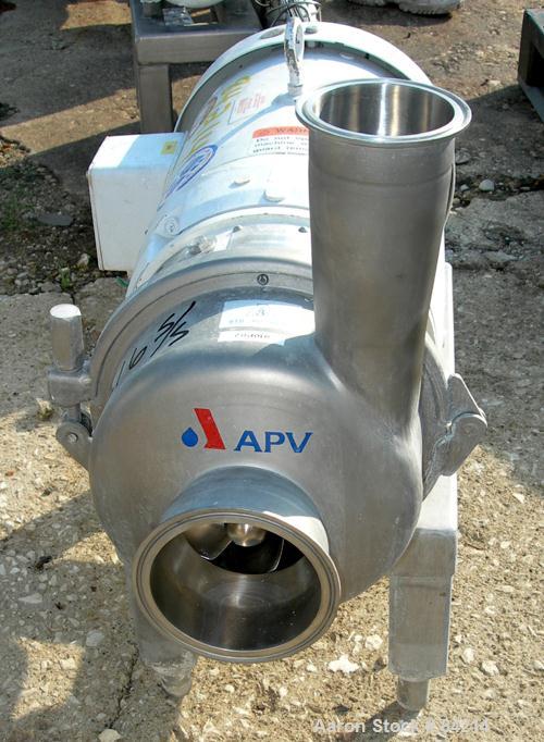 Used APV Centrifugal Pump, Model W25/75, 316 Stainless Steel. 4" Tri-clamp inlet, 3" tri-clamp outlet, 4-1/2" diameter impeller. Approximate capacity 160 gallons per minute at 112' head. Driven by a ...