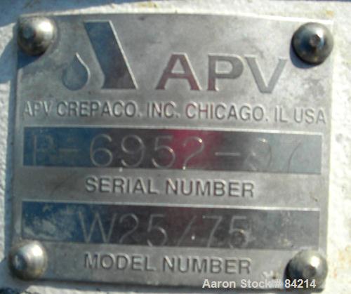 Used APV Centrifugal Pump, Model W25/75, 316 Stainless Steel. 4" Tri-clamp inlet, 3" tri-clamp outlet, 4-1/2" diameter impeller. Approximate capacity 160 gallons per minute at 112' head. Driven by a ...