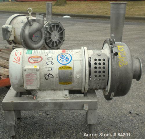 Used APV Centrifugal Pump, Model W50/100, 316 Stainless Steel. 4" Tri-clamp inlet, 3" tri-clamp outlet, 7" diameter impeller. Approximate capacity 255 gallons per minute at 56' head. Driven by a 5 HP...