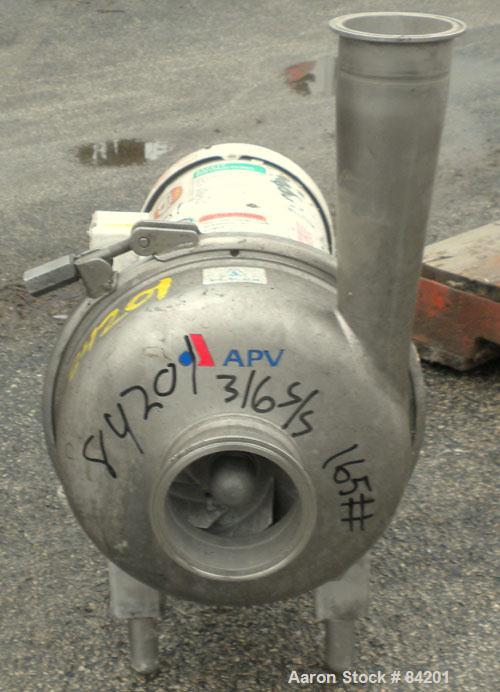 Used APV Centrifugal Pump, Model W50/100, 316 Stainless Steel. 4" Tri-clamp inlet, 3" tri-clamp outlet, 7" diameter impeller. Approximate capacity 255 gallons per minute at 56' head. Driven by a 5 HP...