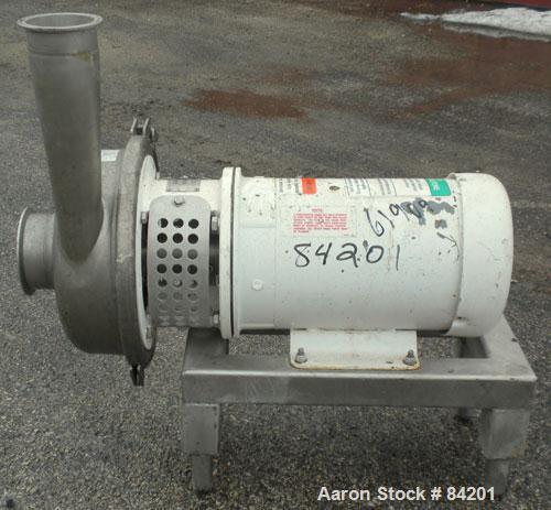 Used APV Centrifugal Pump, Model W50/100, 316 Stainless Steel. 4" Tri-clamp inlet, 3" tri-clamp outlet, 7" diameter impeller. Approximate capacity 255 gallons per minute at 56' head. Driven by a 5 HP...