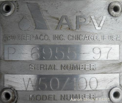Used APV Centrifugal Pump, Model W50/100, 316 Stainless Steel. 4" Tri-clamp inlet, 3" tri-clamp outlet, 7" diameter impeller. Approximate capacity 255 gallons per minute at 56' head. Driven by a 5 HP...