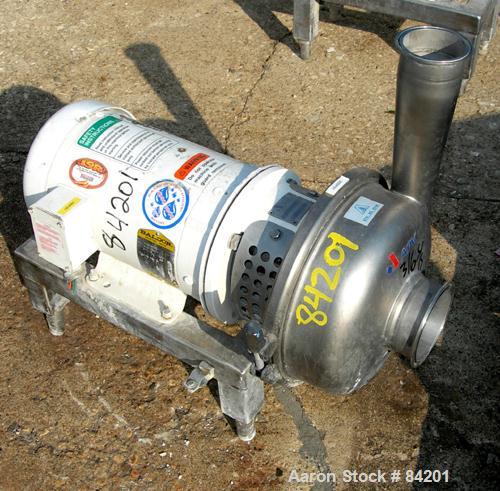 Used APV Centrifugal Pump, Model W50/100, 316 Stainless Steel. 4" Tri-clamp inlet, 3" tri-clamp outlet, 7" diameter impeller. Approximate capacity 255 gallons per minute at 56' head. Driven by a 5 HP...