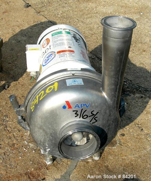 Used APV Centrifugal Pump, Model W50/100, 316 Stainless Steel. 4" Tri-clamp inlet, 3" tri-clamp outlet, 7" diameter impeller. Approximate capacity 255 gallons per minute at 56' head. Driven by a 5 HP...