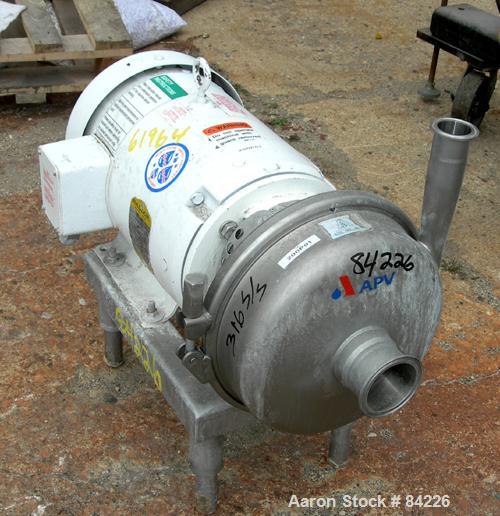 Used APV Centrifugal Pump, Model W50/25, 316 Stainless Steel. 2" Tri-clamp inlet, 1-1/2" tri-clamp outlet. Approximate capacity 84 gallons per minute at 59' head. Driven by a 1-1/2 hp, 3/60/208-230/4...