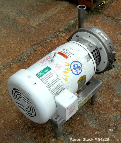 Used APV Centrifugal Pump, Model W50/25, 316 Stainless Steel. 2" Tri-clamp inlet, 1-1/2" tri-clamp outlet. Approximate capacity 84 gallons per minute at 59' head. Driven by a 1-1/2 hp, 3/60/208-230/4...