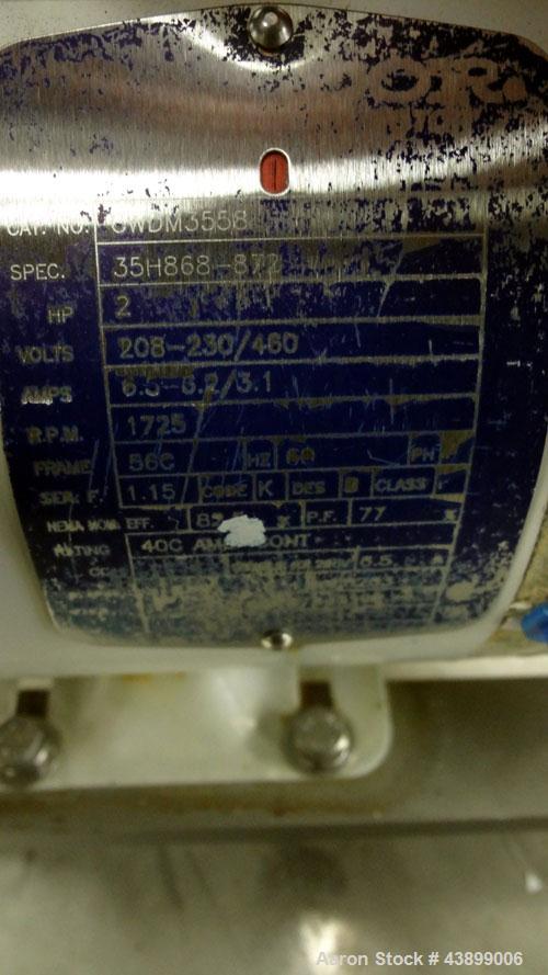Used Ampco Centrifugal Pump, Model C114MD14T-S, 316 Stainless Steel. Approximately 15 gallons per minute.  1-1/2" Tri-clamp inlet/outlet.  Driven by a 2 hp, 3/60/208-230/460 volt, 1725 rpm motor.  Mo...