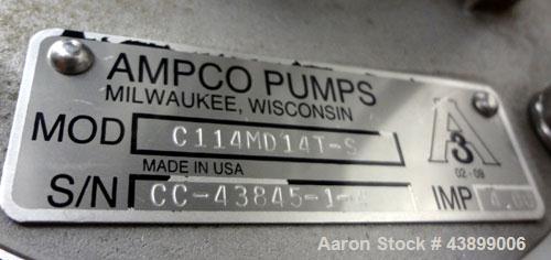 Used Ampco Centrifugal Pump, Model C114MD14T-S, 316 Stainless Steel. Approximately 15 gallons per minute.  1-1/2" Tri-clamp inlet/outlet.  Driven by a 2 hp, 3/60/208-230/460 volt, 1725 rpm motor.  Mo...