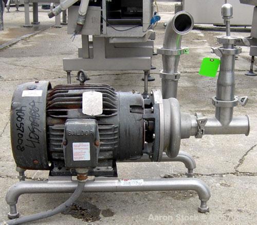 Used Ampco Centrifugal Pump, Model DC2 2 1/2X2, 316 Stainless Steel. 2-1/2" Tri-clamp inlet, 2" tri-clamp outlet. Approximate capacity 150 gallons per minute at 25' head. Driven by a 7-1/2 hp, 3/60/2...