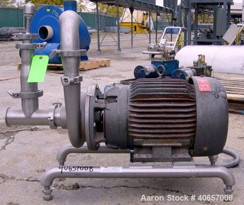 Used Ampco Centrifugal Pump, Model DC2 2 1/2X2, 316 Stainless Steel. 2-1/2" Tri-clamp inlet, 2" tri-clamp outlet. Approximate capacity 150 gallons per minute at 25' head. Driven by a 7-1/2 hp, 3/60/2...