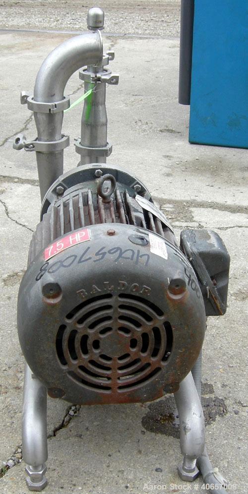 Used Ampco Centrifugal Pump, Model DC2 2 1/2X2, 316 Stainless Steel. 2-1/2" Tri-clamp inlet, 2" tri-clamp outlet. Approximate capacity 150 gallons per minute at 25' head. Driven by a 7-1/2 hp, 3/60/2...